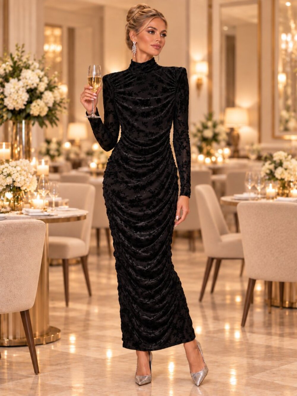 Belle by Badgley Mischka Kendall Black Velvet Burnout Ruched Dress XS 2 NWT